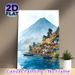 Lake Village Volcano Themed Painting Poster, Soft Watercolor Style Serene Lakeside Village & Volcano View Poster, Tranquil Natural Scenery Decor For_maomaolike.com