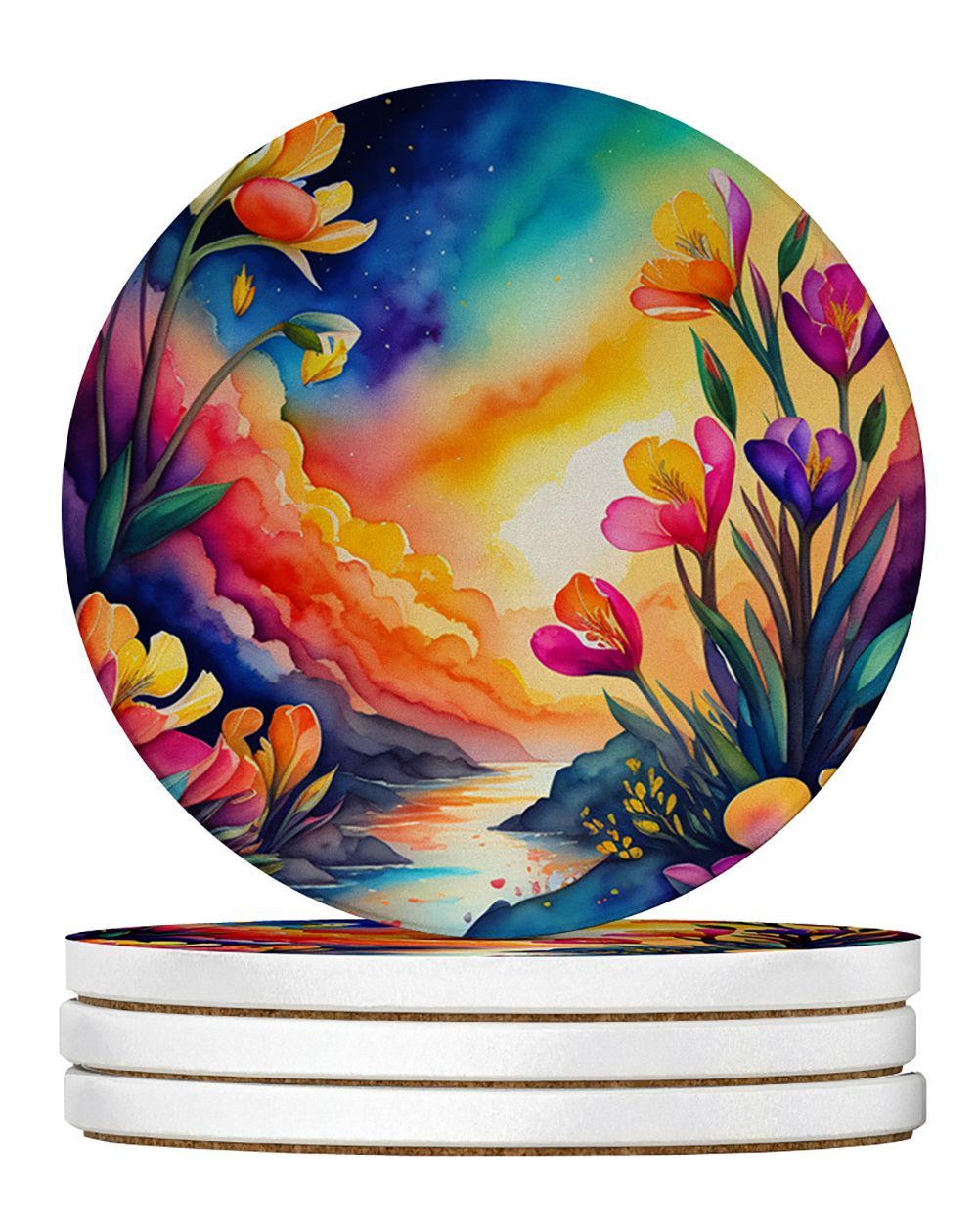 Colorful Freesia Large Sandstone Coasters Pack Of 4 Absorbent Round Coasters Decor Gifts For Men Or Women, 4 In, Multicolor_maomaolike.com