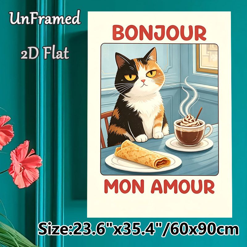 French Café Themed Cat Painting Poster, Warm-toned Vintage Cartoon Poster, Charming Design With Calico Cat, Coffee And Crepe, Cozy French Vibe Decor_maomaolike.com