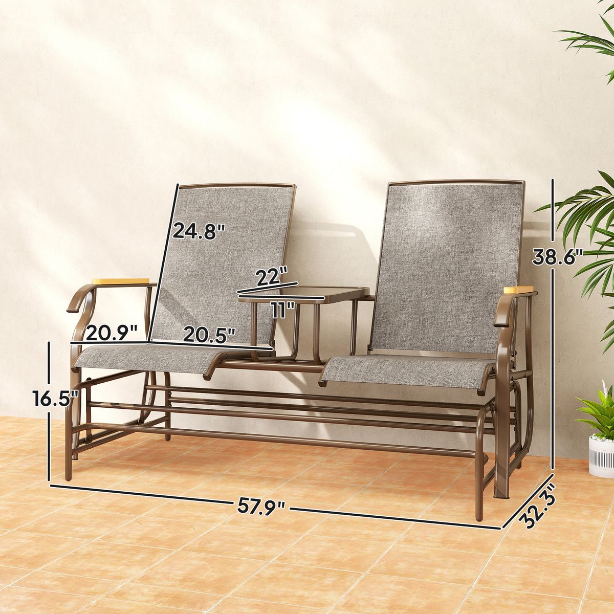 Outdoor 2-Person Glider Bench, Outside Glider Swing Chair Loveseat With Table, Steel Frame, Light Mixed Brown_maomaolike.com