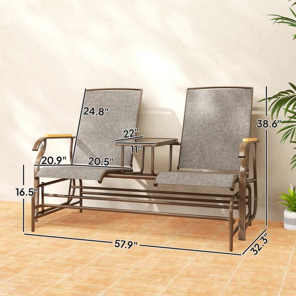 Outdoor 2-Person Glider Bench, Outside Glider Swing Chair Loveseat With Table, Steel Frame, Light Mixed Brown_maomaolike.com