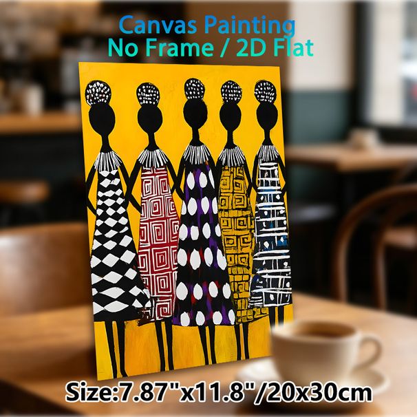 African Ethnic Women Painting Poster, Bold Colorful Ethnic Style Poster, Five Stylized Female Silhouettes With Distinct Geometric Patterned Dresses_maomaolike.com