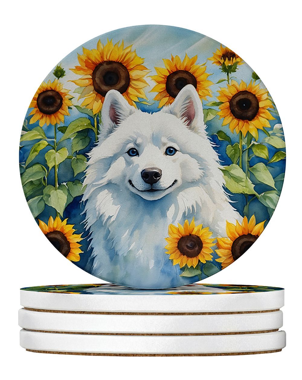American Eskimo In Sunflowers Large Sandstone Coasters Pack Of 4 Absorbent Round Coasters Decor Gifts For Men Or Women, 4 In, Multicolor_maomaolike.com