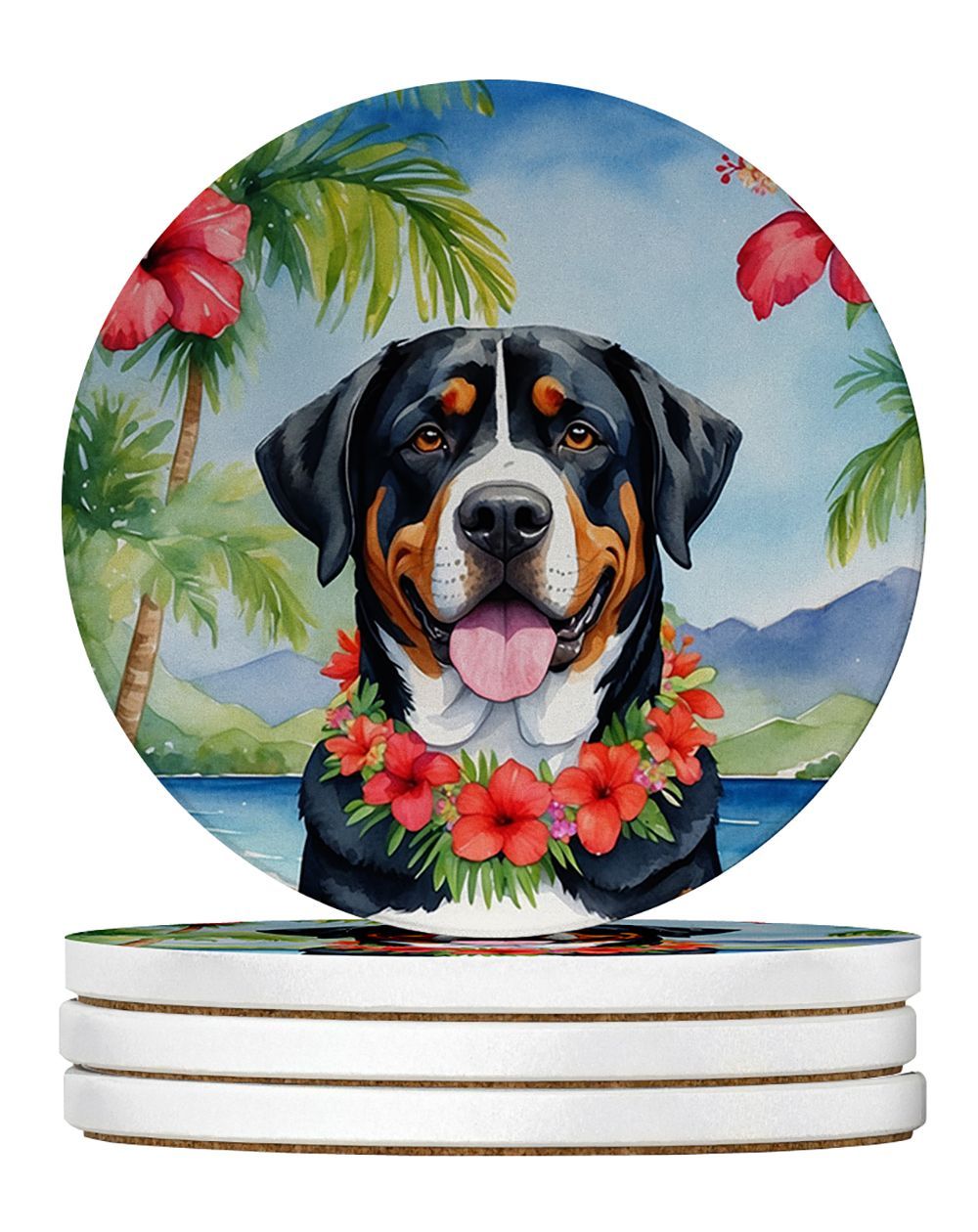 Greater Swiss Mountain Dog Luau Large Sandstone Coasters Pack Of 4 Absorbent Round Coasters Decor Gifts For Men Or Women, 4 In, Multicolor_maomaolike.com