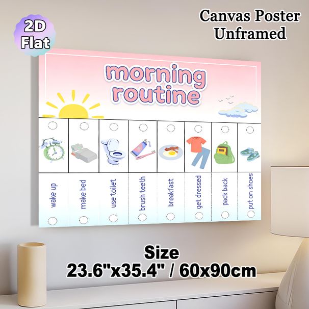 Morning Routine Painting Poster, Pastel Cartoon Style Morning Tasks Checklist Poster, Assists In Building Consistent Morning Habits, Ideal For Home_maomaolike.com