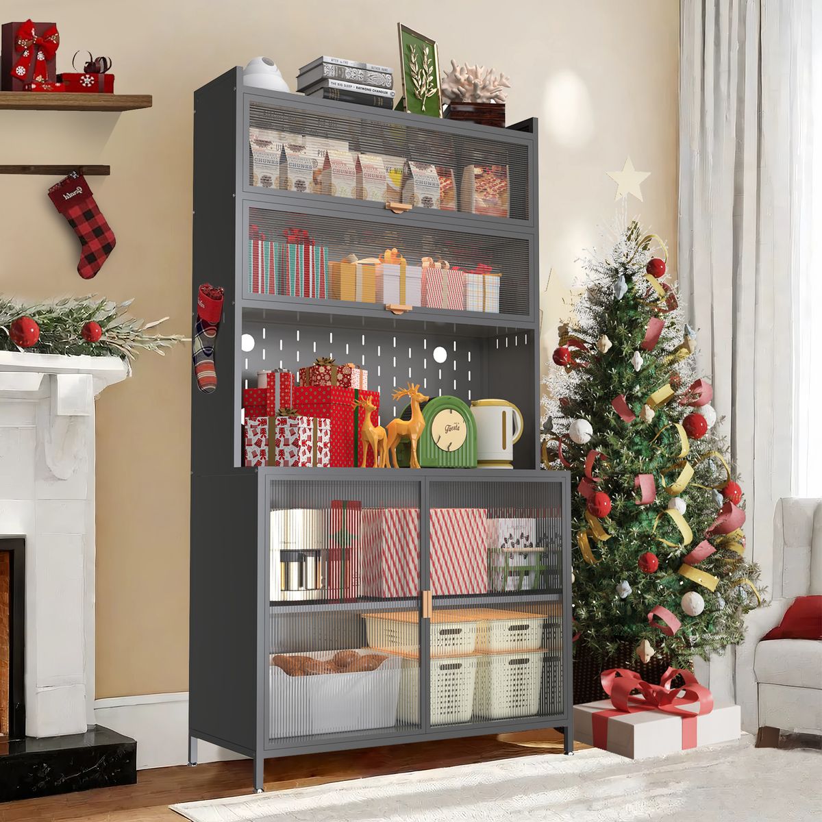 73'' Tall Kitchen Pantry Cabinet , 6 Level Flip Door With Pegboard Spacious, Adjustable & Stylish Metal Pantry Storage Cabinet, Anti-Tip Design Hutch For Kitchen, Dining Room, Living Room Grey_maomaolike.com