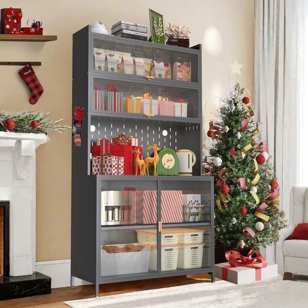 73'' Tall Kitchen Pantry Cabinet , 6 Level Flip Door With Pegboard Spacious, Adjustable & Stylish Metal Pantry Storage Cabinet, Anti-Tip Design Hutch For Kitchen, Dining Room, Living Room Grey_maomaolike.com