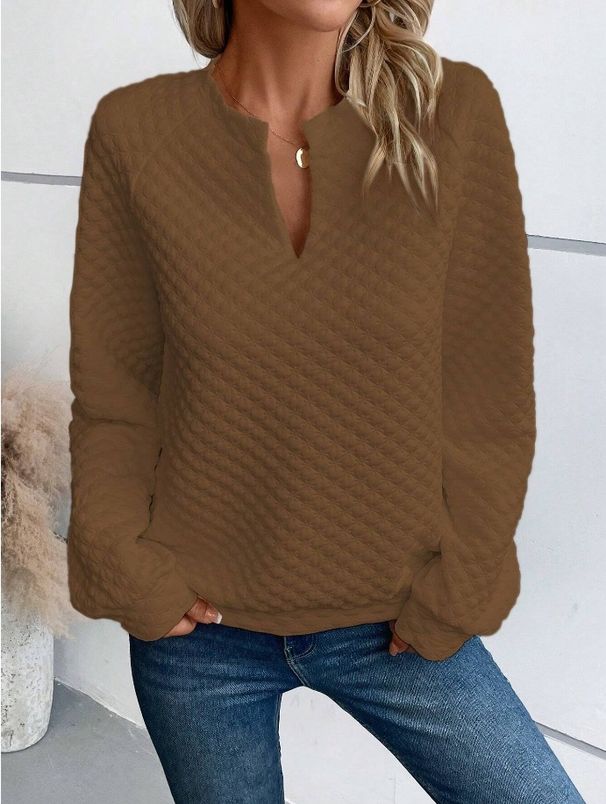 Women's Clothing solid color deep V neck splicing long sleeved women's casual sweatshirt_maomaolike.com