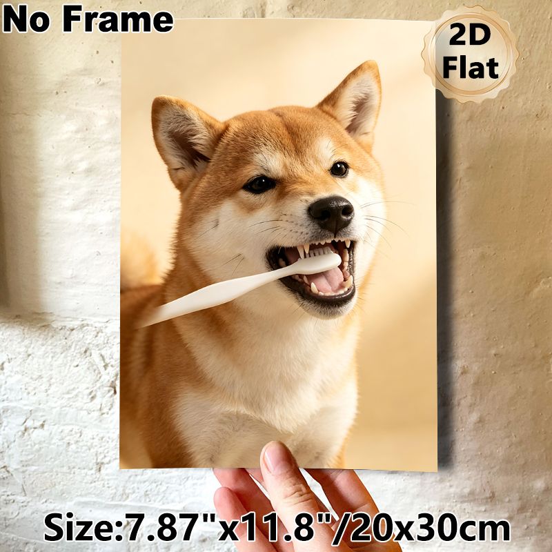 Shiba Inu Brushing Teeth Painting Poster, Warm-toned Cute Playful Pet Scene Poster, Lovely Pet-themed Decor Ideal For Living Room, Bedroom And Pet_maomaolike.com