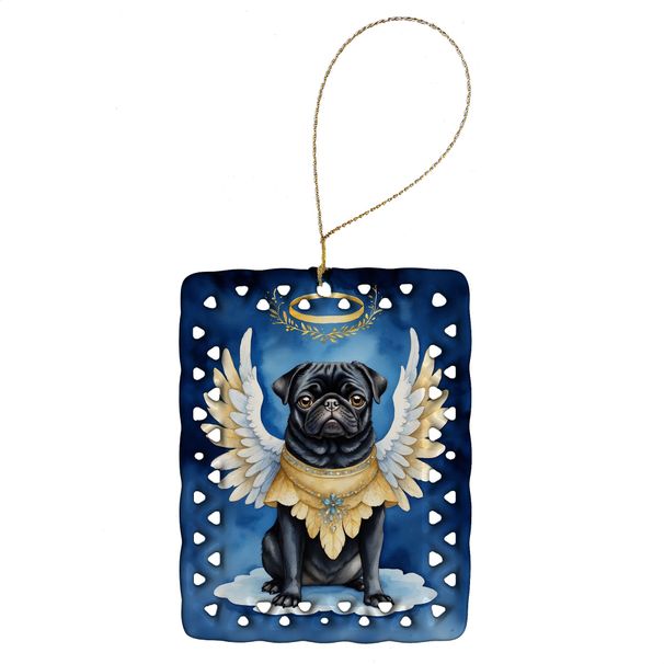 Black Pug My Angel Porcelain Ornament Christmas Tree Hanging Decorations For Home Christmas Holiday, Rectangle, Gift, Multicolor_maomaolike.com