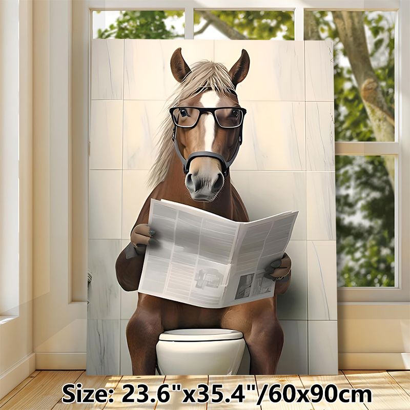 Funny Horse On Toilet Painting Poster, Whimsical Cartoon-style Poster, Humorous Quirky Design With Horse Wearing Glasses Reading Newspaper, Ideal For_maomaolike.com
