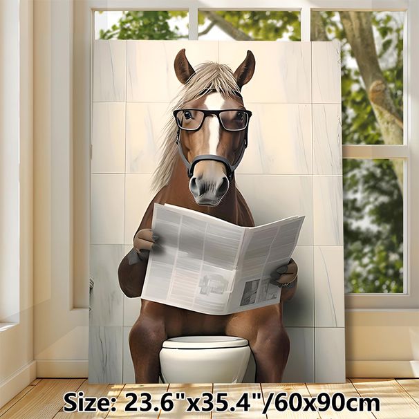 Funny Horse On Toilet Painting Poster, Whimsical Cartoon-style Poster, Humorous Quirky Design With Horse Wearing Glasses Reading Newspaper, Ideal For_maomaolike.com
