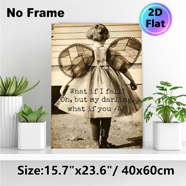 Inspirational Quote Fairy Girl Painting Poster, Vintage Monochrome Poster, Motivational Message With Girl In Dress & Film-strip Wings, Uplifting Decor_maomaolike.com