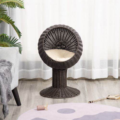 27" Rattan Wicker Elevated Cat House Kitty Scratch House Pet Bed W/ Cushion_maomaolike.com