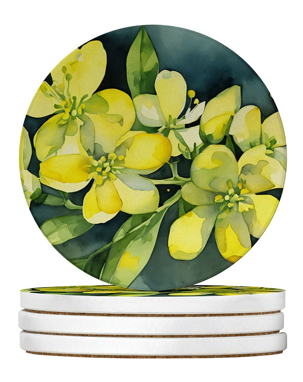 South Carolina Yellow Jessamine In Watercolor Large Sandstone Coasters Pack Of 4 Absorbent Round Coasters Decor Gifts For Men Or Women, 4 In, Multicolor_maomaolike.com