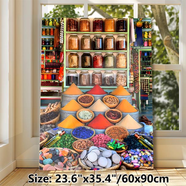 Spice Market Themed Painting Poster, Vibrant Colorful Exotic Market Scene Poster, Richly Detailed Design Ideal For Kitchen, Dining Room Decor_maomaolike.com