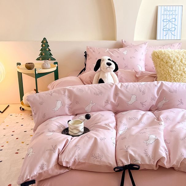 Wholesale INS Fresh Korean Cartoon Princess Style All 4-Piece Bowknot Homestay Apartment Pure Cotton Four-Piece Set_maomaolike.com