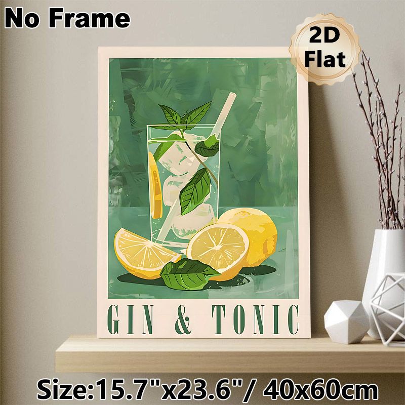 Gin & Tonic Themed Painting Poster, Soft-hued Illustrative Cocktail & Lemon Scene Poster, Refreshing Decor Choice For Kitchen, Bar Or Dining Space_maomaolike.com