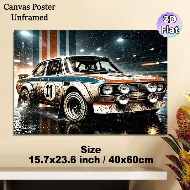 Vintage Rally Car Painting Poster, Moody Rainy Night Gritty Race Car Scene Poster, Realistic Dynamic Automotive Artwork Ideal For Garage, Man Cave Or_maomaolike.com
