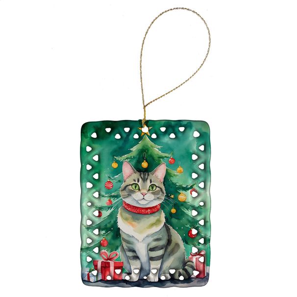 Raas Cat By The Christmas Tree Porcelain Ornament Christmas Tree Hanging Decorations For Home Christmas Holiday, Rectangle, Gift, Multicolor_maomaolike.com