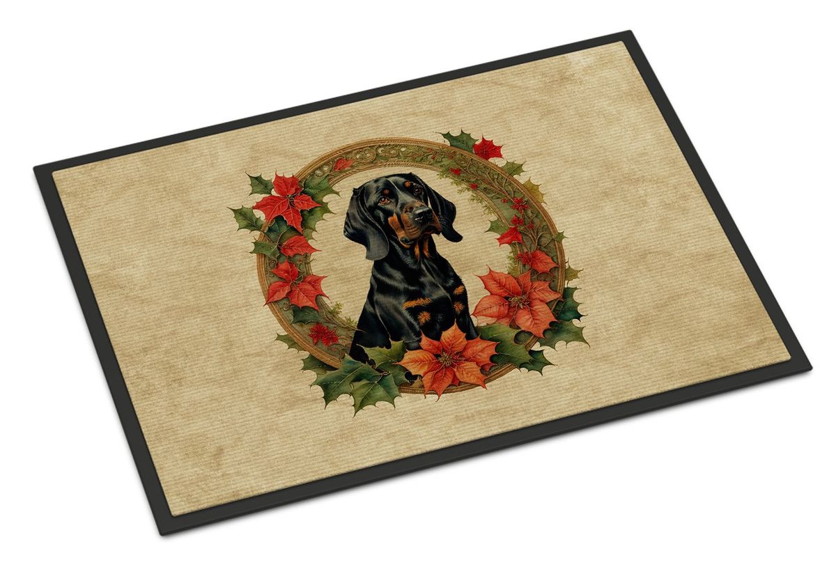 Black And Tan Coonhound Christmas Flowers Doormat Front Door Mat Indoor Outdoor Rugs For Entryway, Non Slip Washable Low Pile, 24H X 36W_maomaolike.com