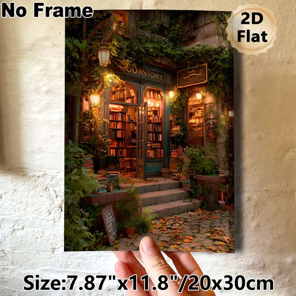 Cozy Bookstore Painting Poster, Warm-toned Vintage Enchanted Street Scene Poster, Inviting Nostalgic Ambience, Ideal For Home Study, Living Room_maomaolike.com