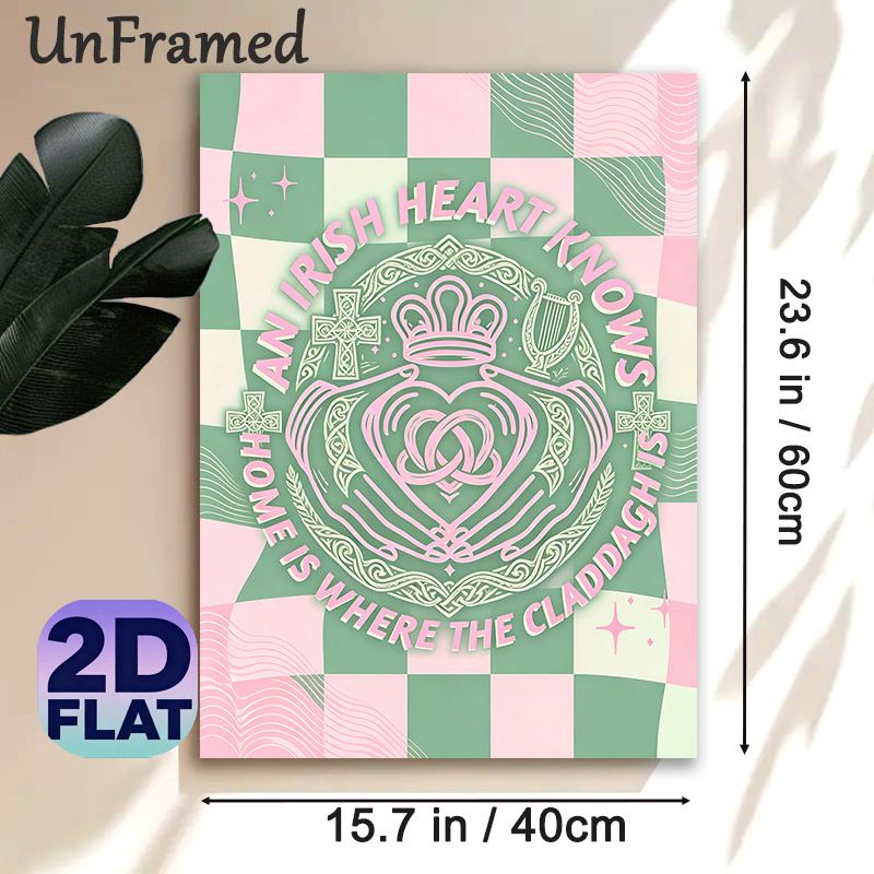 Irish Claddagh Themed Painting Poster, Pastel Pink & Green Checkered Celtic Style Poster, With Cultural Slogan And Ornate Emblems, Ideal For Living_maomaolike.com
