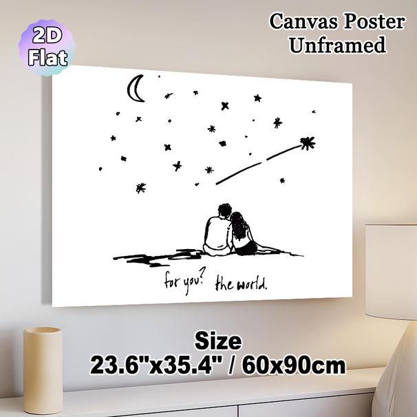 Loving Couple Starry Night Painting Poster, Minimalist Hand-drawn Poster, Romantic Stargazing Scene With "For You? The World" Quote, Suitable For_maomaolike.com