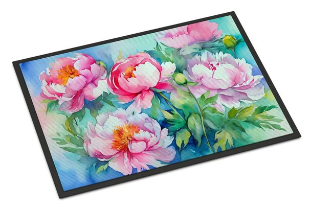 Peonies In Watercolor Doormat Front Door Mat Indoor Outdoor Rugs For Entryway, Non Slip Washable Low Pile, 24H X 36W_maomaolike.com