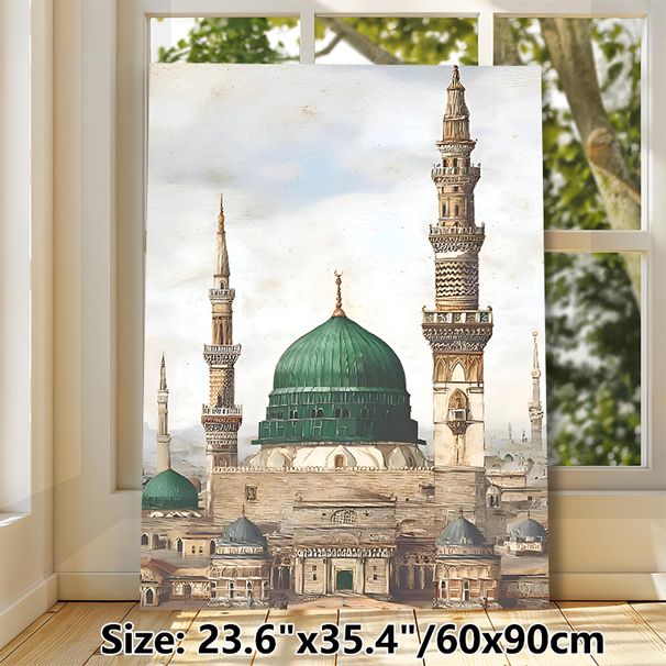 Islamic Mosque Painting Poster, Vintage-toned Detailed Mosque With Green Domes & Intricate Minarets Poster, Cultural Religious Artwork Ideal For Home_maomaolike.com