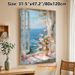 Coastal Window With Roses Painting Poster, Dreamy Impressionist-style Poster, Tranquil Ocean View With Pink Floral Design, Ideal For Bedroom And_maomaolike.com