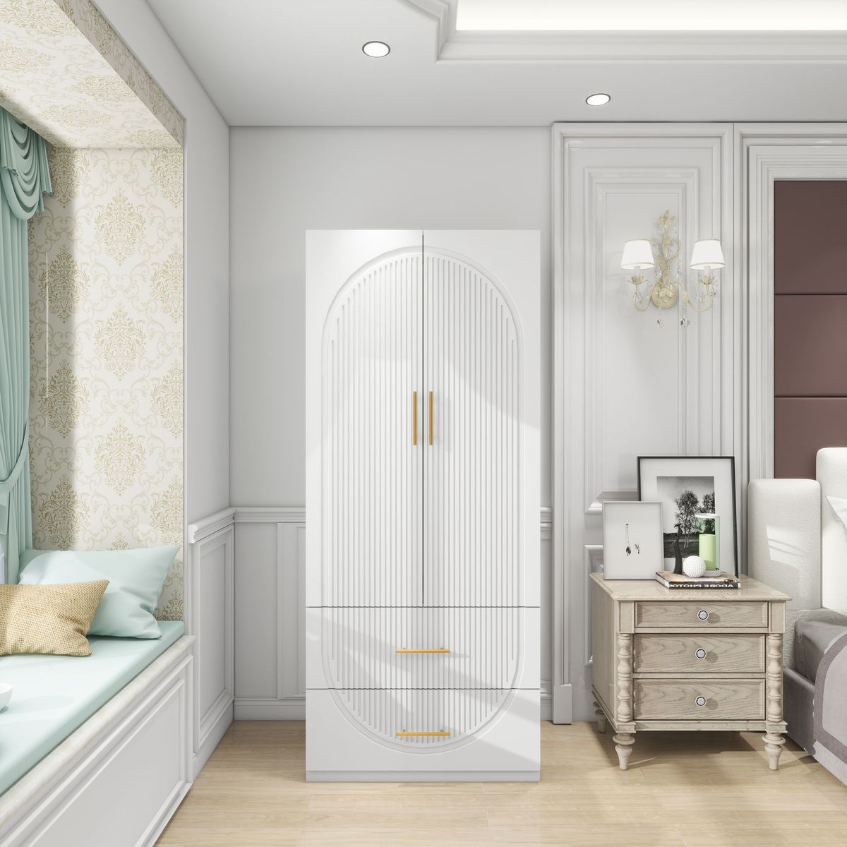 74.2" Tall 2 Doors Wardrobe Closet 2 Drawers Wood Bedroom Closet Wardrobe Armoire Cabinet White Freestanding Wardrobe Cabinet With Hanging Rod, Clothes Bathroom Storage Organizer_maomaolike.com