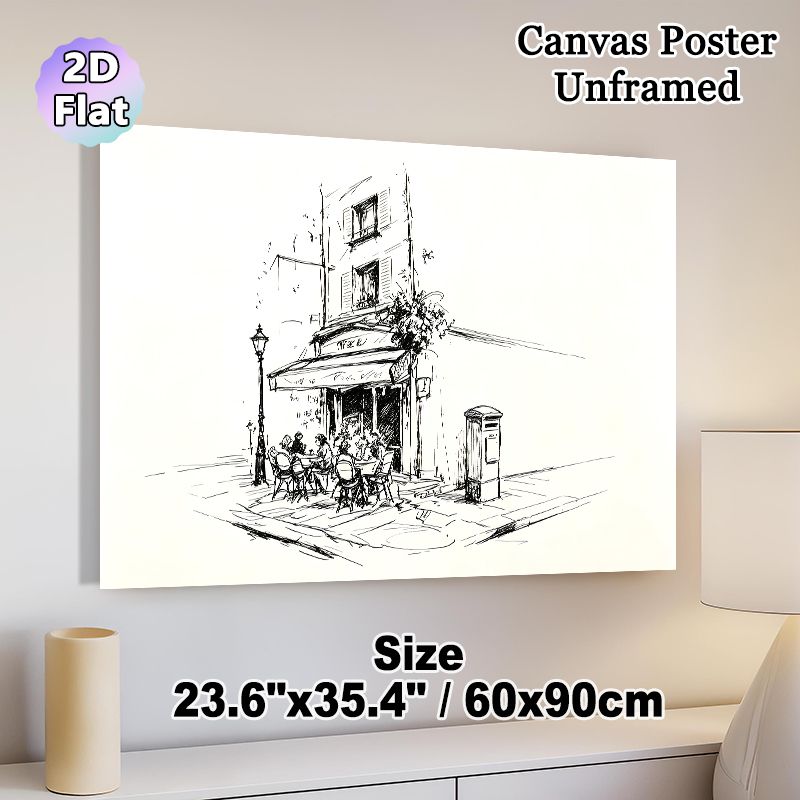 European Street Cafe Painting Poster, Monochrome Sketch-style Poster, Artistic Depiction Of Outdoor Cafe Patrons On Street Corner, Charming Urban_maomaolike.com