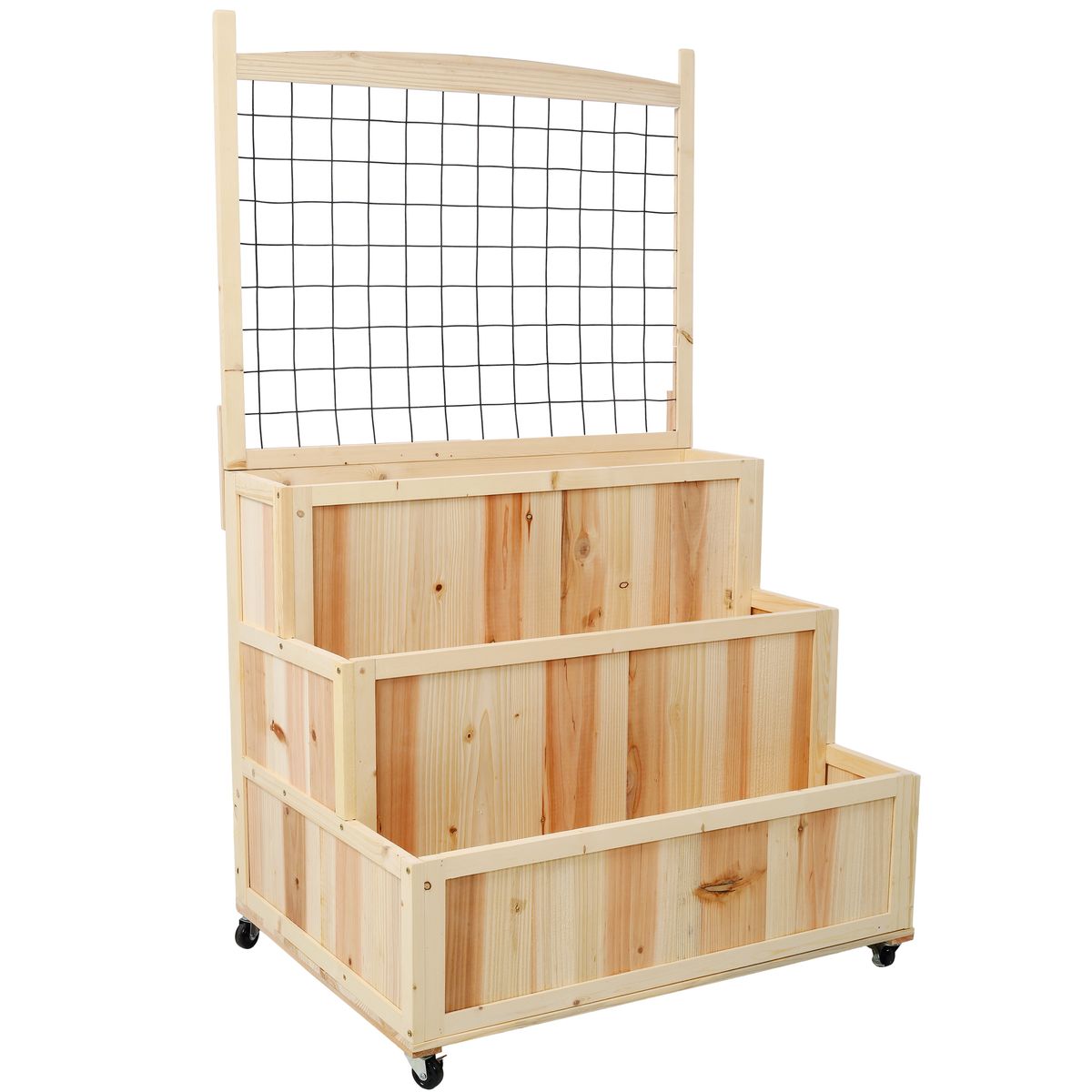 3-Tiers Raised Garden Bed With Trellis, 53" H Vertical Planter Box With Wheels & Back Storage Area, For Flowers, Vegetables, Herbs, Natural_maomaolike.com