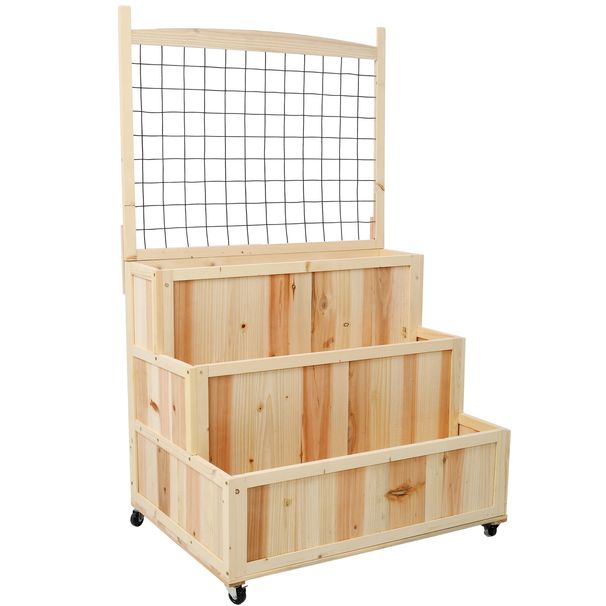 3-Tiers Raised Garden Bed With Trellis, 53" H Vertical Planter Box With Wheels & Back Storage Area, For Flowers, Vegetables, Herbs, Natural_maomaolike.com