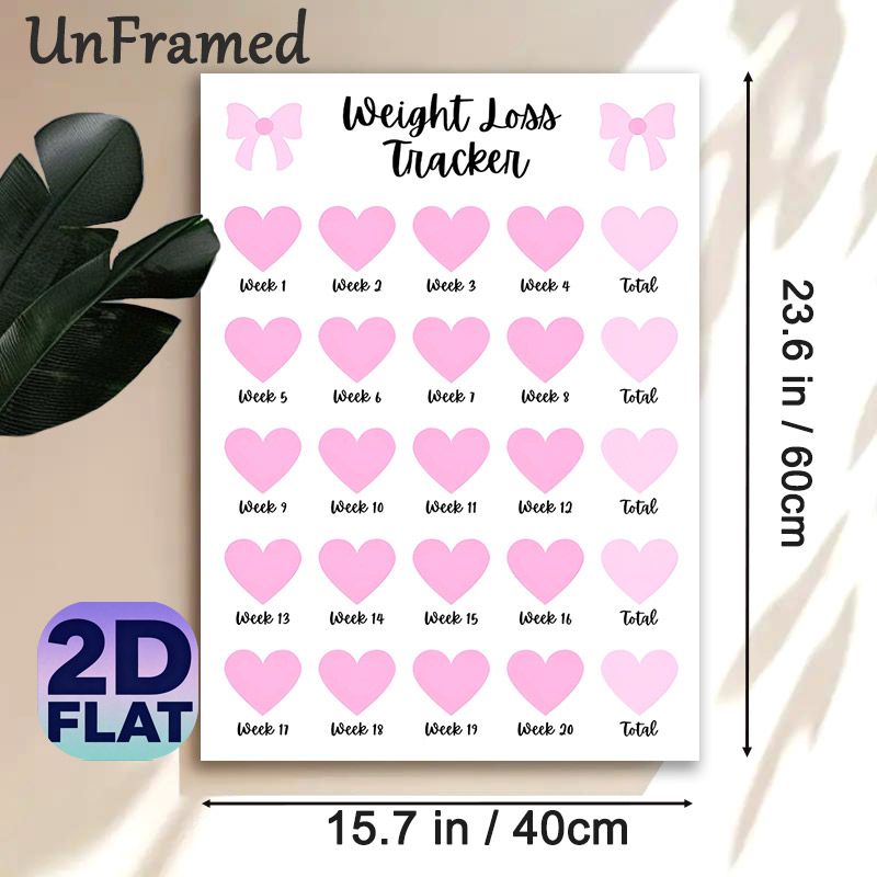 Weight Loss Tracker Painting Poster, Pastel Pink Heart & Bow Design Poster, Practical Tool To Monitor Weekly Weight Loss Progress For Home Or Personal_maomaolike.com