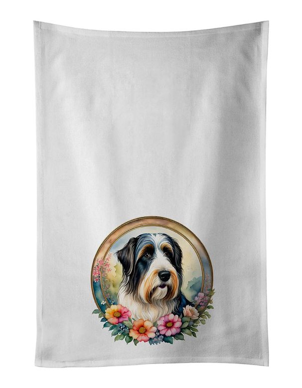 Bearded Collie And Flowers Kitchen Towel Set Of 2 White Dish Towels Decorative Bathroom Hand Towel For Hand, Face, Hair, Yoga, Tea, Dishcloth, 19 X 28", White_maomaolike.com