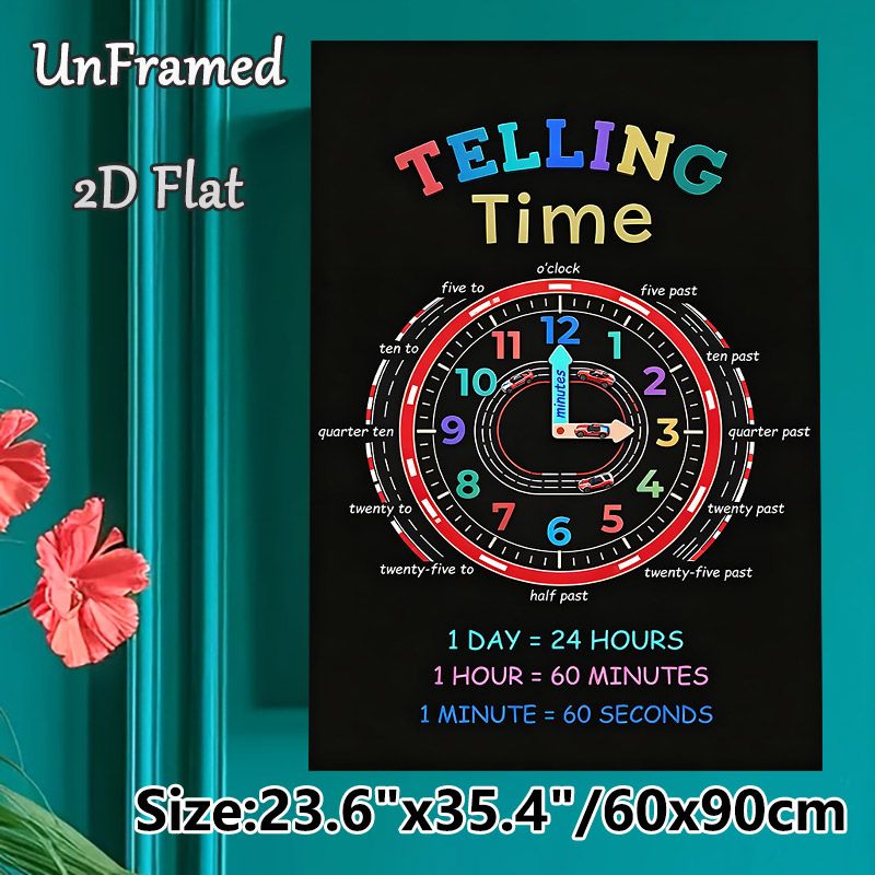 Telling Time Painting Poster, Vibrant Race Car Clock Graphic Poster, Educational Tool To Learn Time Reading And Conversions, Ideal For Classroom Or_maomaolike.com