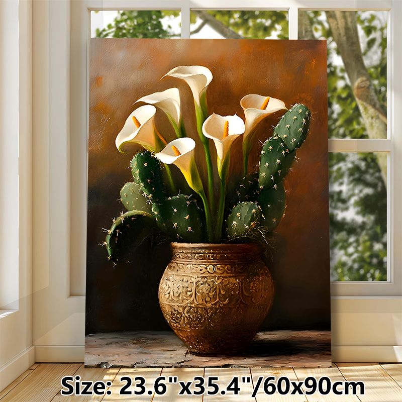 Calla Lily & Cactus Still Life Painting Poster, Realistic Oil-style Still Life Poster, Warm-toned Artwork With Elegant Blooms And Cacti, Ideal For_maomaolike.com