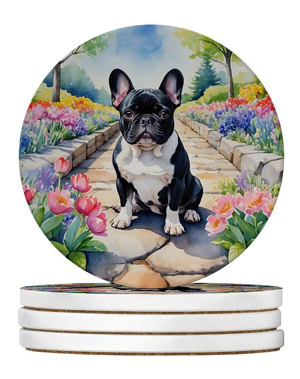 French Bulldog Spring Path Large Sandstone Coasters Pack Of 4 Absorbent Round Coasters Decor Gifts For Men Or Women, 4 In, Multicolor_maomaolike.com