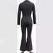 Women's Clothing elegant mesh sleeves V neck button pockets high waist lace up solid color slim jumpsuit_maomaolike.com