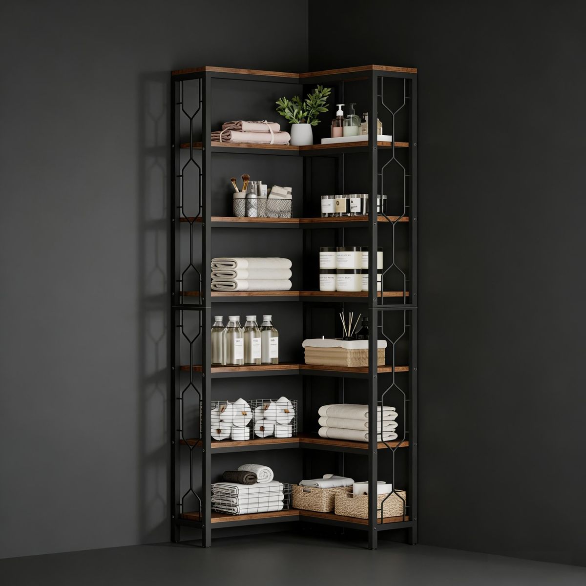 Corner Bookshelf, Industrial Corner Etagere Bookcase_maomaolike.com