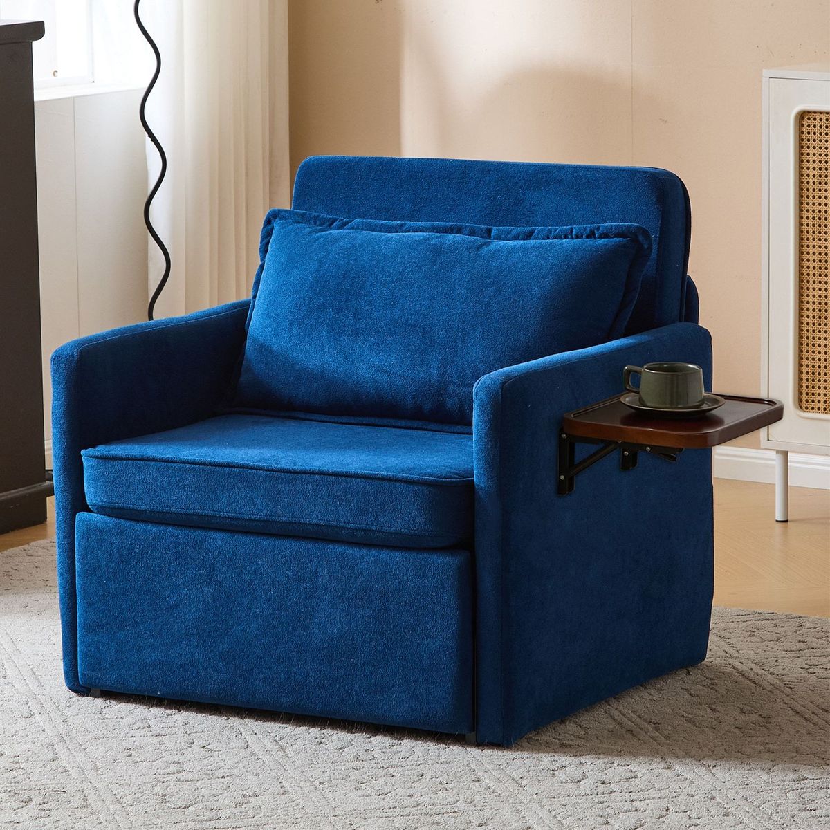 Adult Sleeper Chair Bed, 3-in-1 Convertible Sofa Chair Bed Pull-out Sofa Bed, Convenient Folding Tray Table With USB And Type-C Charging Ports For Living Room,BLUE,Fabric_maomaolike.com