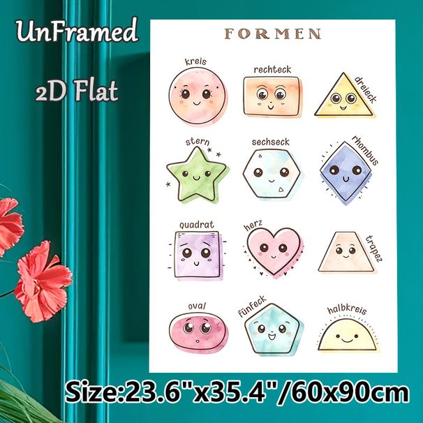 German Geometric Shapes Learning Painting Poster, Pastel Watercolor Cute Cartoon Style Poster, Educational Design For Learning Basic Shapes, Suitable_maomaolike.com