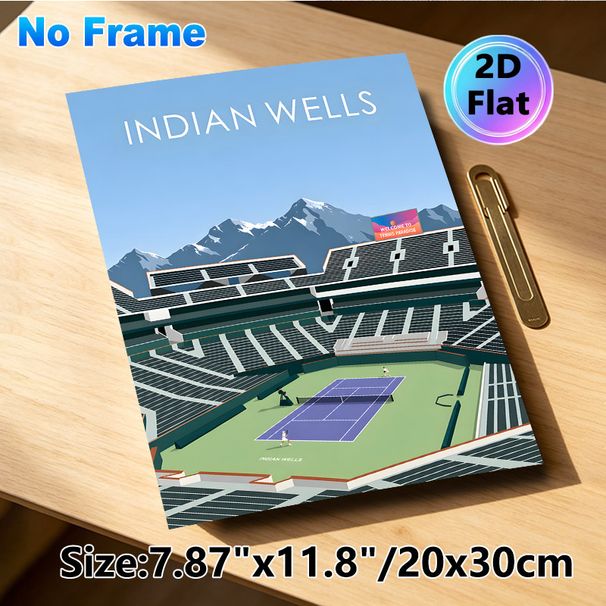 Indian Wells Tennis Stadium Painting Poster, Stylized Minimalist Graphic Poster, Vibrant Tennis Court Scene With Snow-capped Mountains Backdrop_maomaolike.com