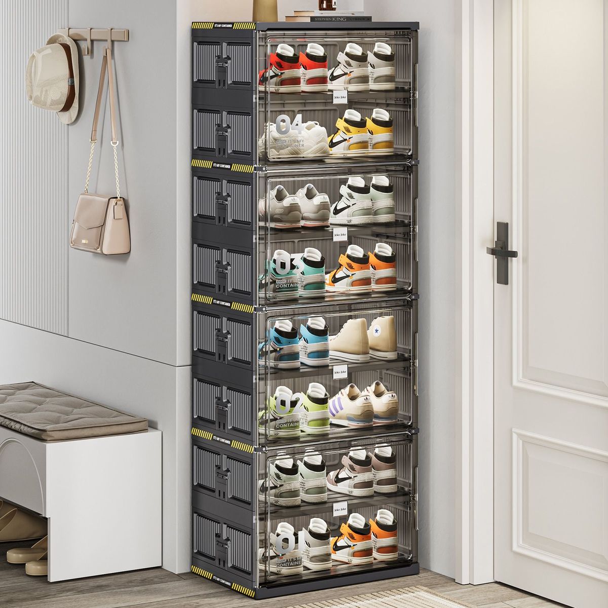8 Tiers 16 Pairs Hard Plastic Shoe Storage Organizer Cabinet For Entryway, Large Stackable Collapsible Sneaker Shoe Box Organizer For Closet, Portable Folding Shoe Cabinet With Doors, Black_maomaolike.com