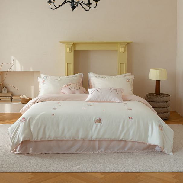 Cool Ice Silk Quilt Cover Cute And Girly Summer Double-sided Tencel Four-piece Set With Fresh Cherry Embroidery,_maomaolike.com