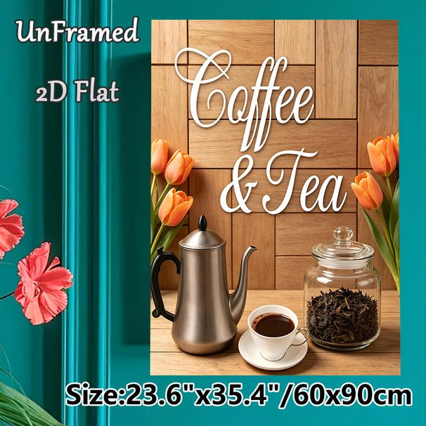 Coffee & Tea Themed Painting Poster, Warm-toned Rustic Cozy Scene Poster, Inviting Design With Coffee Pot, Tea Jar And Orange Tulips, Ideal For_maomaolike.com