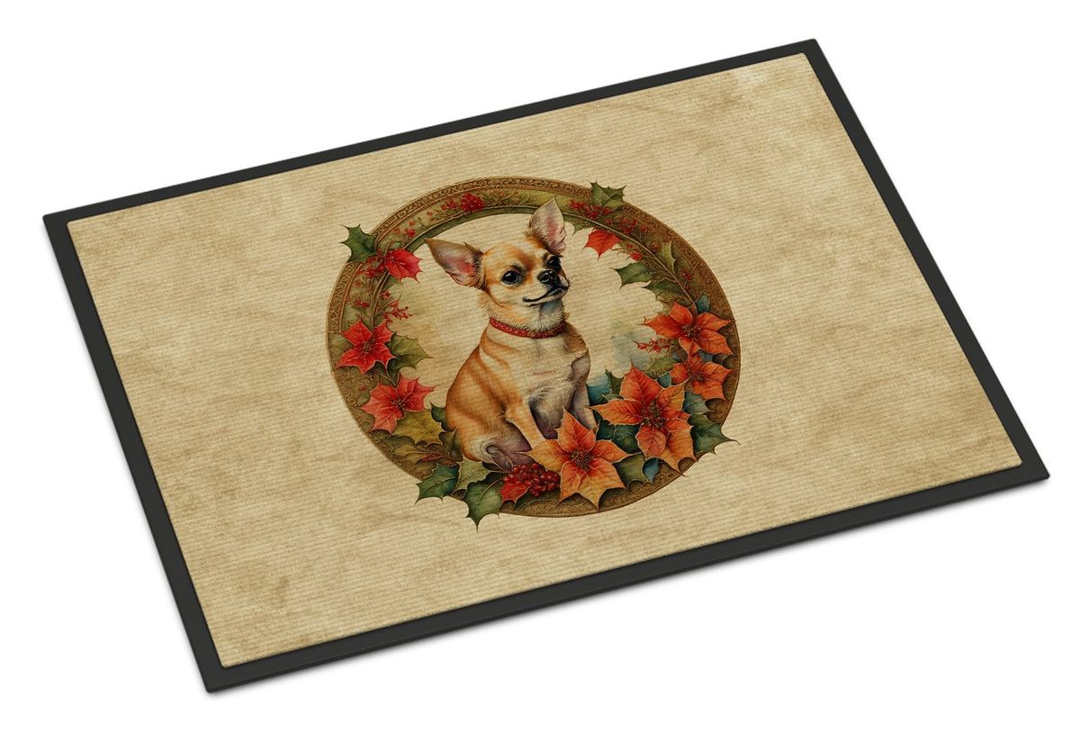 Chihuahua Christmas Flowers Doormat Front Door Mat Indoor Outdoor Rugs For Entryway, Non Slip Washable Low Pile, 24H X 36W_maomaolike.com