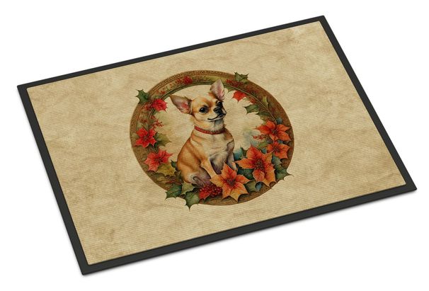 Chihuahua Christmas Flowers Doormat Front Door Mat Indoor Outdoor Rugs For Entryway, Non Slip Washable Low Pile, 24H X 36W_maomaolike.com